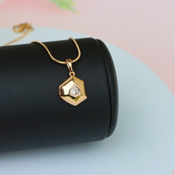 "White Geometric Gold-Plated Pendant with Trillion-Cut Center Stone, XPPT1753 - Picture 4 of 13